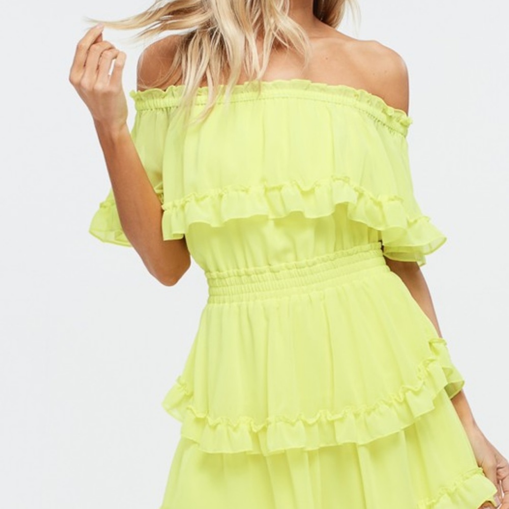 SALE! Neon Ruffled Off the Shoulder Chiffon Dress - Picture 4 of 8